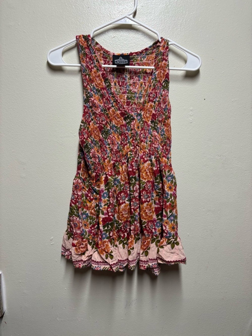 Angie babydoll floral print shirt v neck sleeveless pink size small tunic